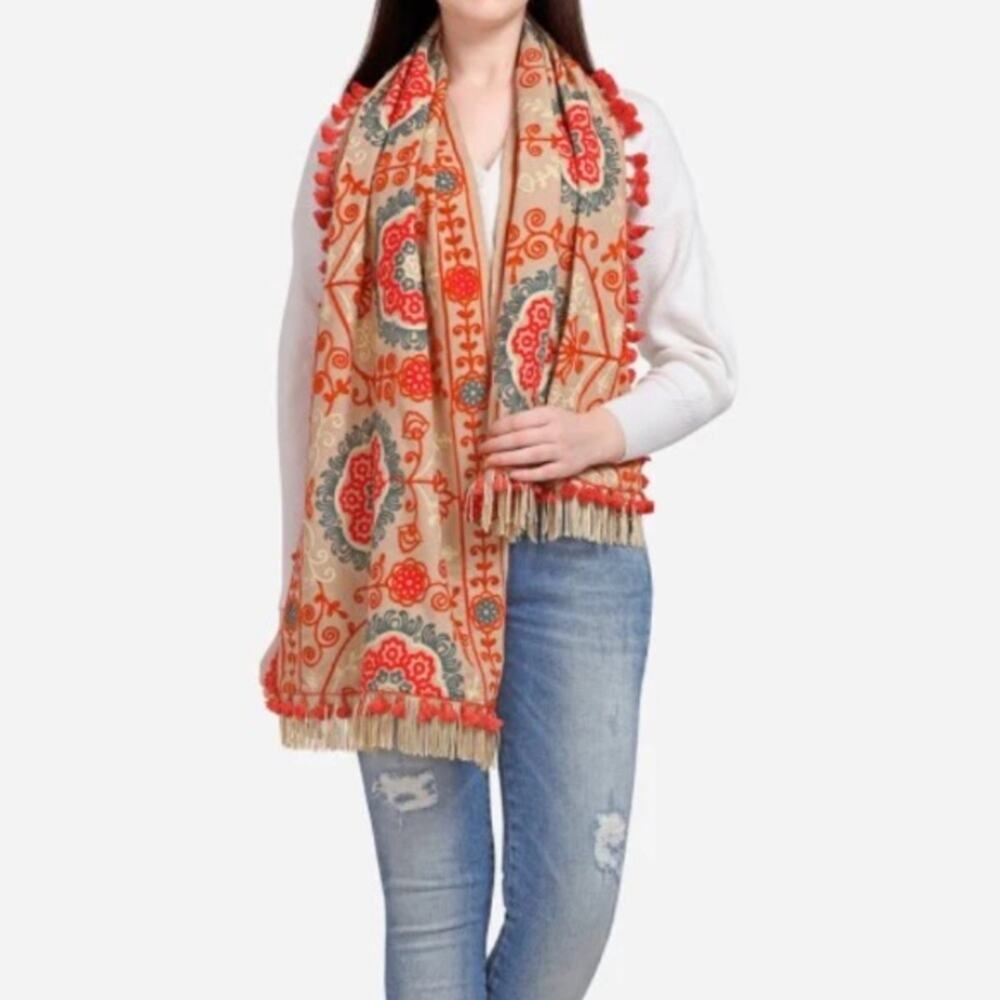 Mesmora rust orange beige floral embroidered fringe tassel wrap scarf